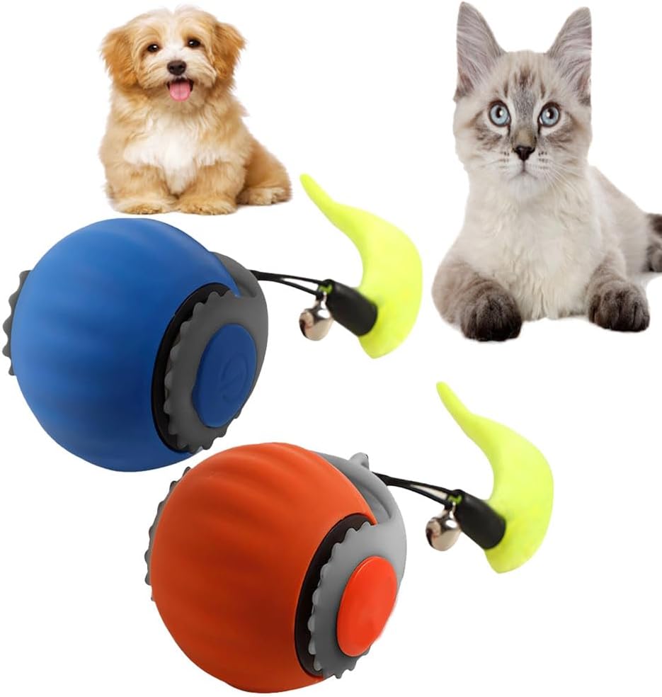2 Pack Automatic Moving Dog Toy Ball,Smart Interactive Cat Toy Ball with Tail&Interactive Sensor,(Orange & Blue)