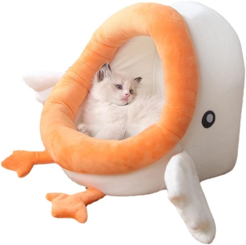 UA Cute Pet Cat Nest Cartoon Little Yellow Duck Shape Cat Bed House Semi-Enclosed Large-Capacity Warm Pet Cave Cat Nest Cat Bed with Removable and Washable Mattress The Best Gift for Pets (S)