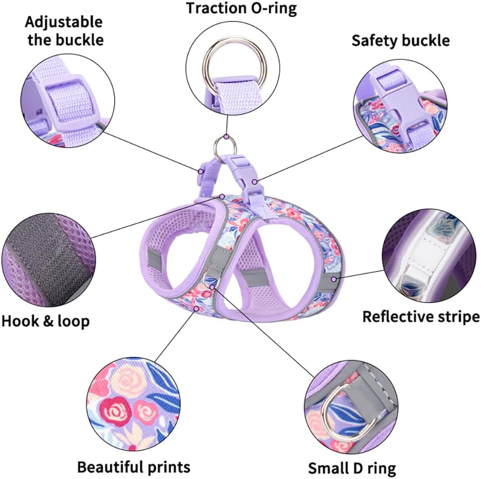 Step in Dog Harness and Leash Set, Flower Adjustable Puppy Harnesses, Soft Mesh Pet Vest Harness Small Size Dog Adjustable No Pull Dog Harness for Small Medium Dogs(Pink, M)