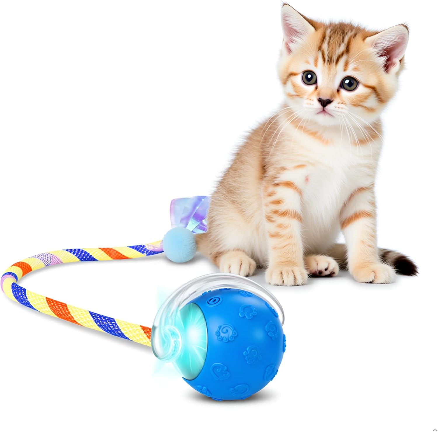 Interactive Cat Ball Toy, Automatic Self-Rolling, Motion-Activated, 3 Replaceable Teaser Wand Tails, Food-Grade -Reinforced, Built-In Bluetooth Speaker with Preloaded Bird Sounds/Optional Music