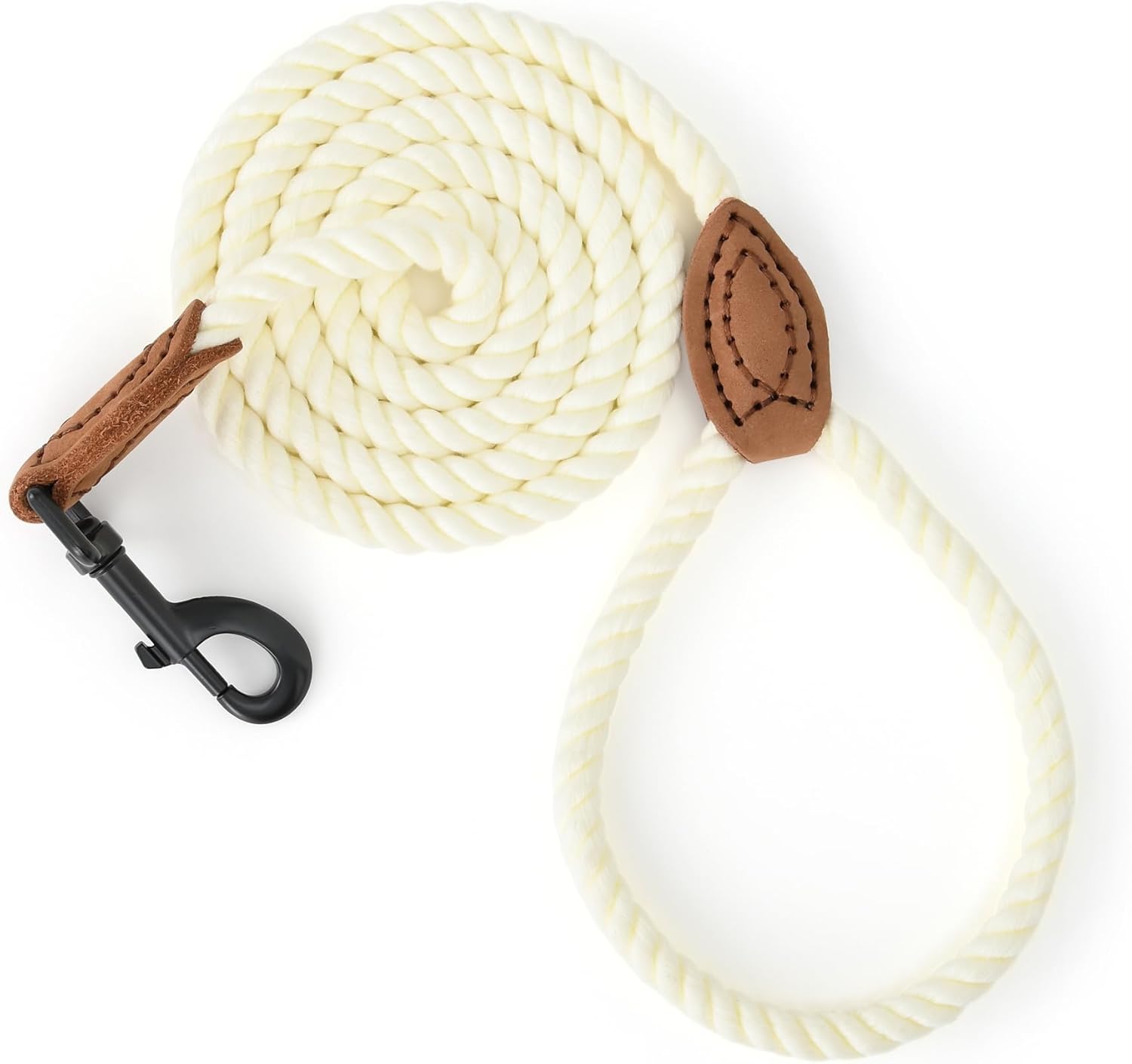 Dog Leash, Braided Cotton Rope Leashes with Leather Tailor Tip with Leather Tip - Heavy Duty Metal Clasp, 4FT, 1/2" Thick - Wedding, Walking Leash for Medium Large Dogs(Cream White)