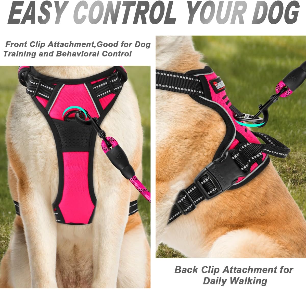 No Pull Dog Harness Front Clip Heavy Duty Reflective Easy Control Handle for Large Dog Walking(Pink,L)