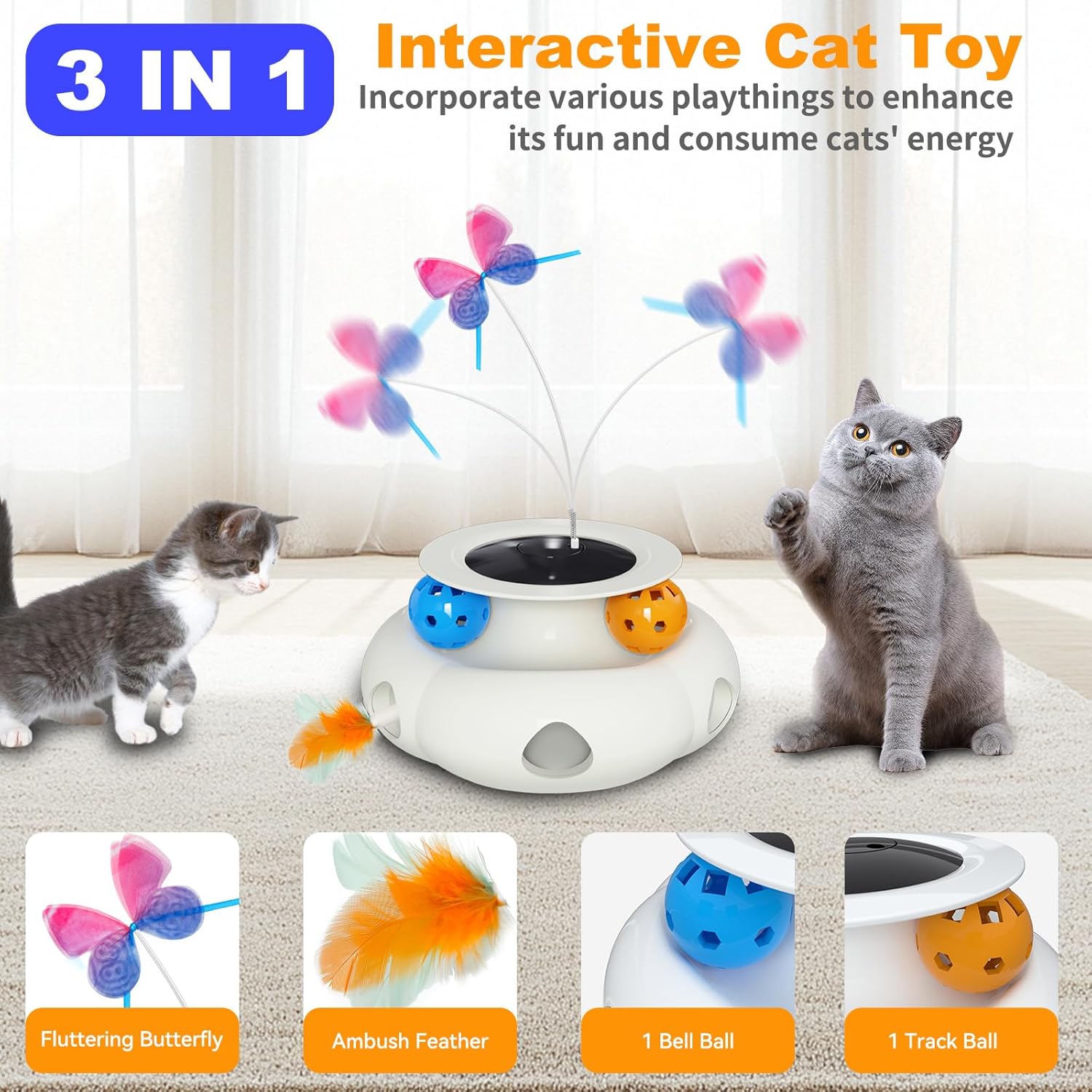Interactive Cat Toys for Indoor Cats, 3in1 Rechargeable Pet Teaser Toy with Ambush Feather Wand, Fluttering Butterfly and Track Balls, Touch Activated Automatic Kitten Toys with Remote Control