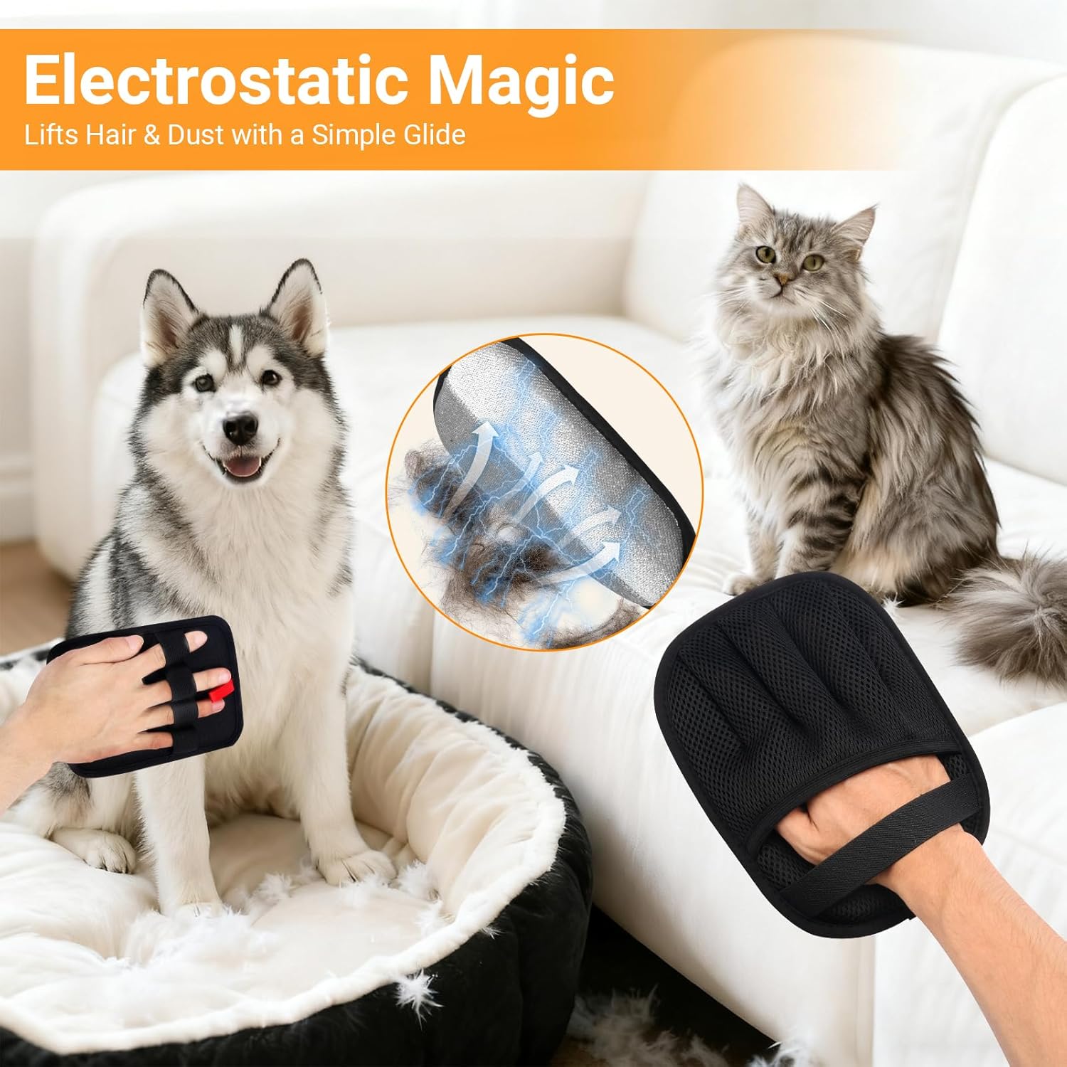 Pet Hair Removal Glove for Dogs & Cats, Upgraded Five-Finger The Magic Brush Pets Hair Gloves Reusable Electrostatic Fur Remover for Couch, Clothing, Carpet, Furniture, Car Seats (3PCS)