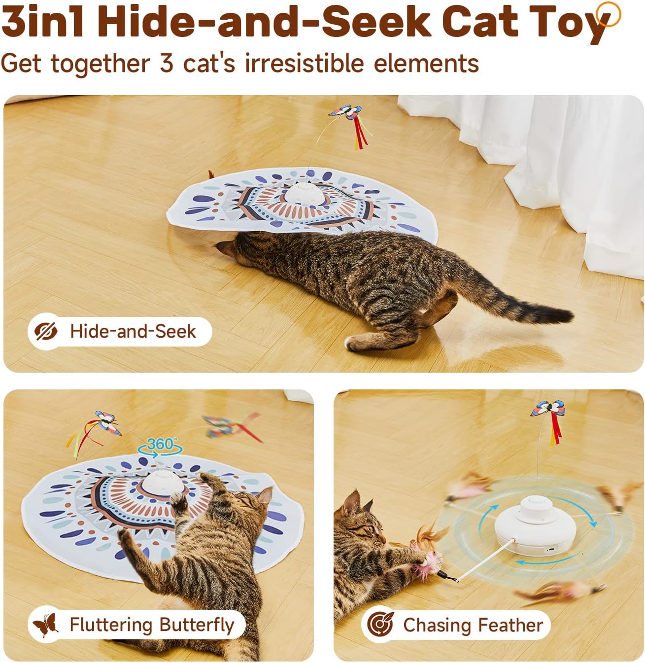 Cat Toys Chargeable, 3in1 Hide and Seek for Kittens, Interactive Automatic Play, Fluttering Butterfly, Moving Wand Feather, Indoor Kitty Exercise 22.8 Inch Cover for All Breeds