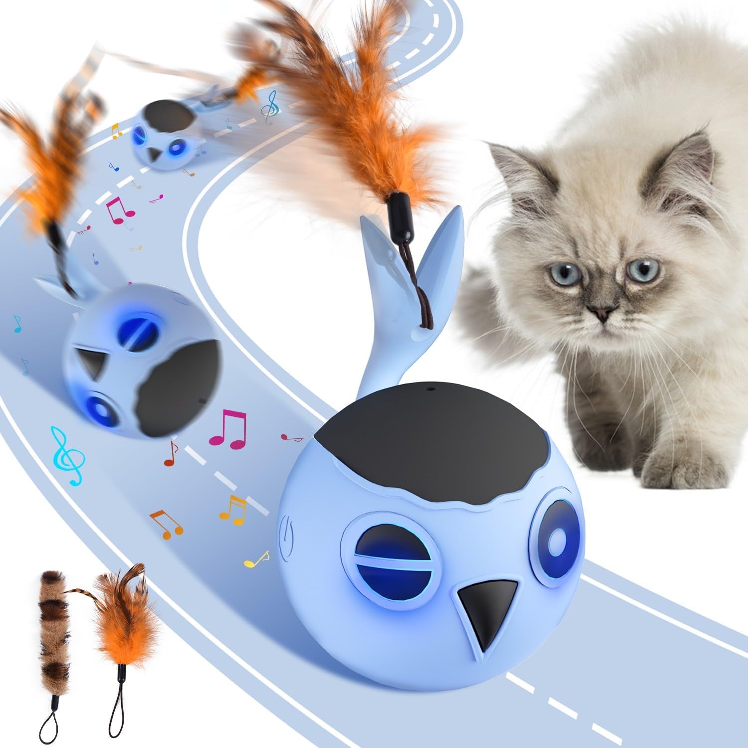 Cat Toys, Interactive Cat Toy for Indoor Cats, Automatic Moving Ball Bird for Indoor Adult Cats Kitten Toys All Breeds, Fast Rolling Motion Activated Chirping Stimulating Light, 2 Feather Refill