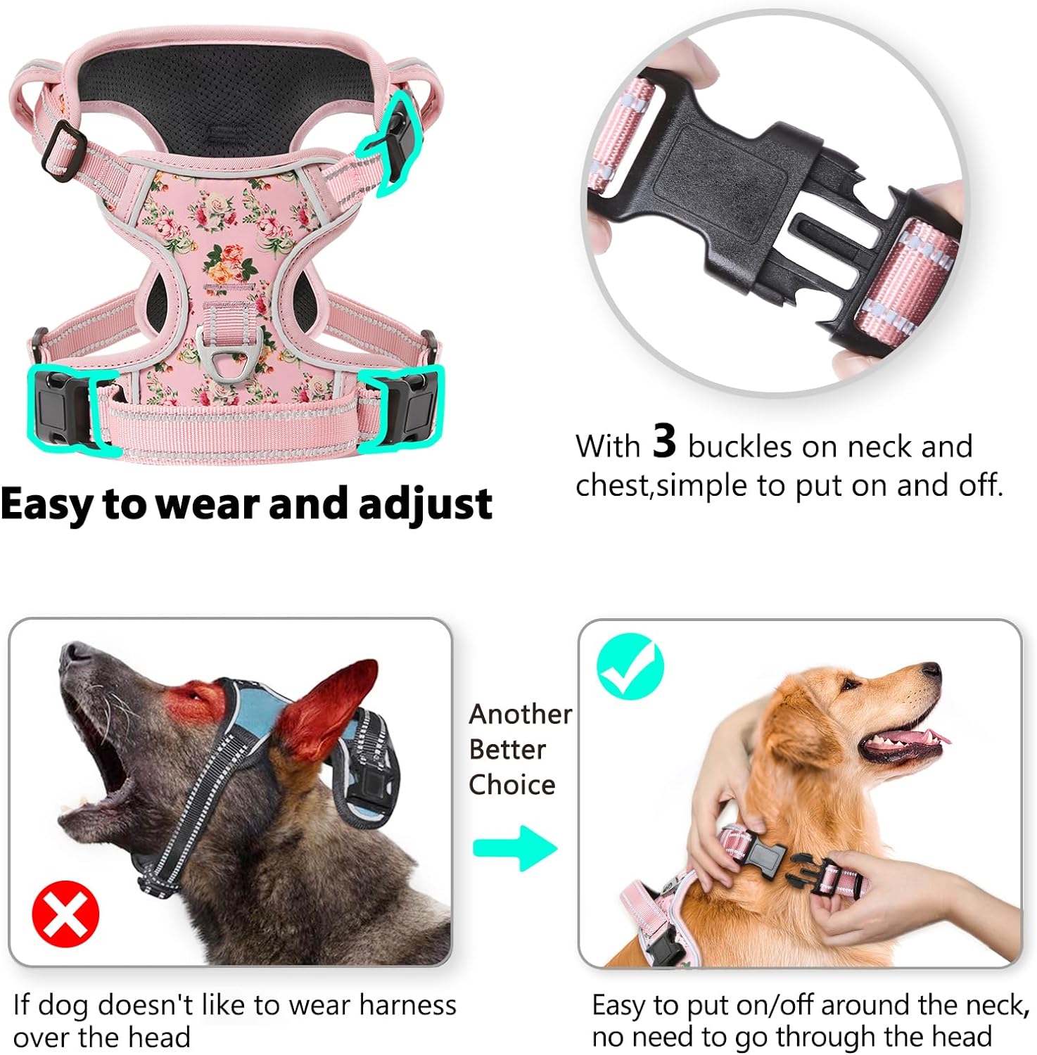 Dog Harness, No-Pull Pet Harness with 2 Leash Clips, Adjustable Soft Padded Dog Vest, Reflective Outdoor Pet Oxford Vest with Easy Control Handle Pink XS