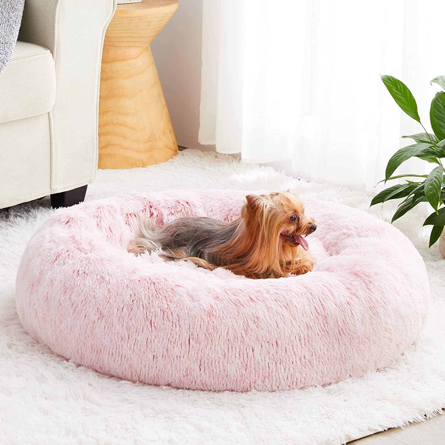 Calming Dog Bed Cat Bed Donut, Faux Fur Pet Bed Self-Warming Donut Cuddler, Comfortable Round Plush Dog Beds (30 x 30 x 10 Inch, Light Pink)