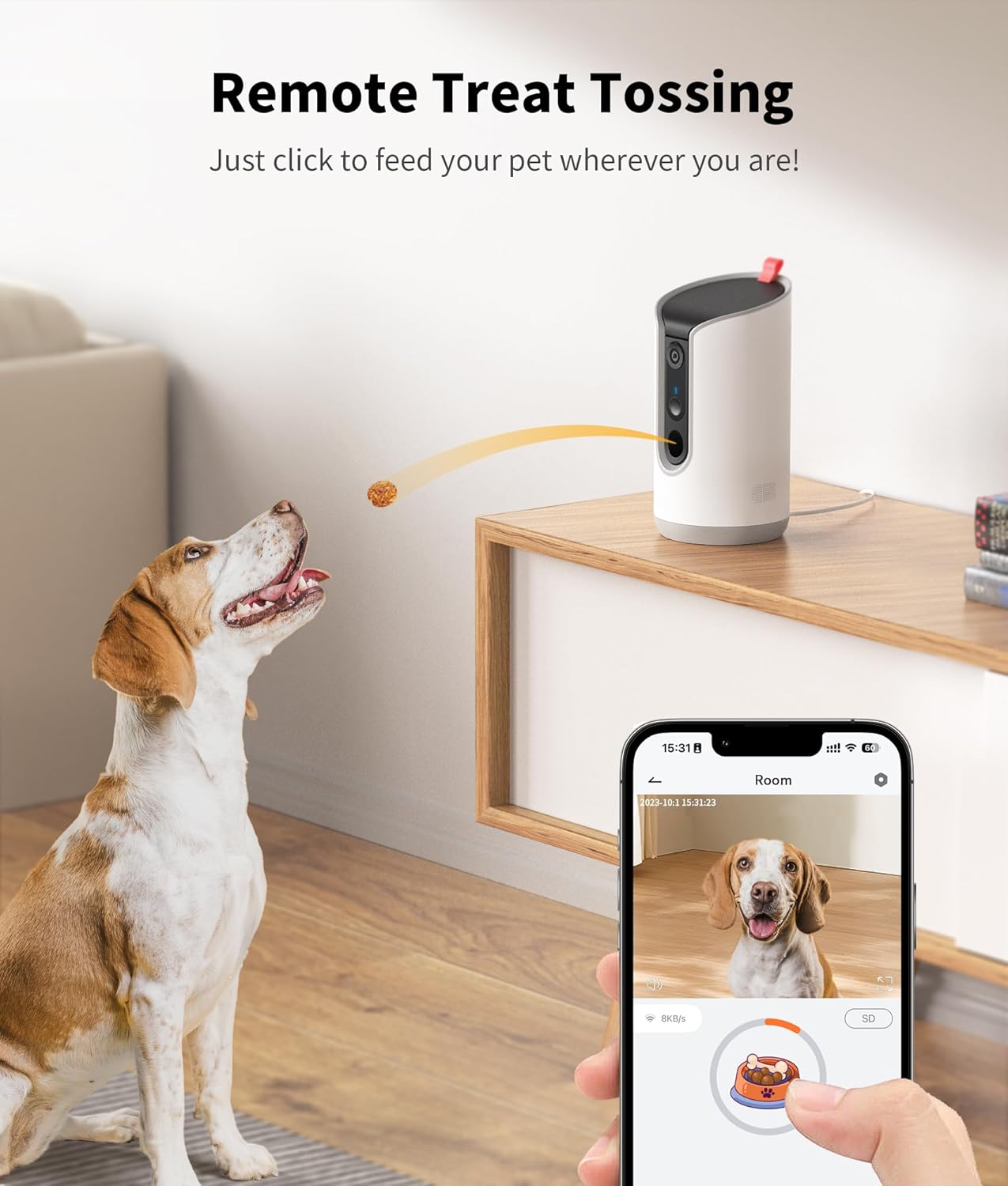 2K Pet Camera Treat Dispenser, 360°View Dog Camera with Phone App, 5G&2.4G WiFi 2-Way Talk Pet Cam Indoor for Cats Remote Treat Tossing, Motion Alerts, Auto Tracking