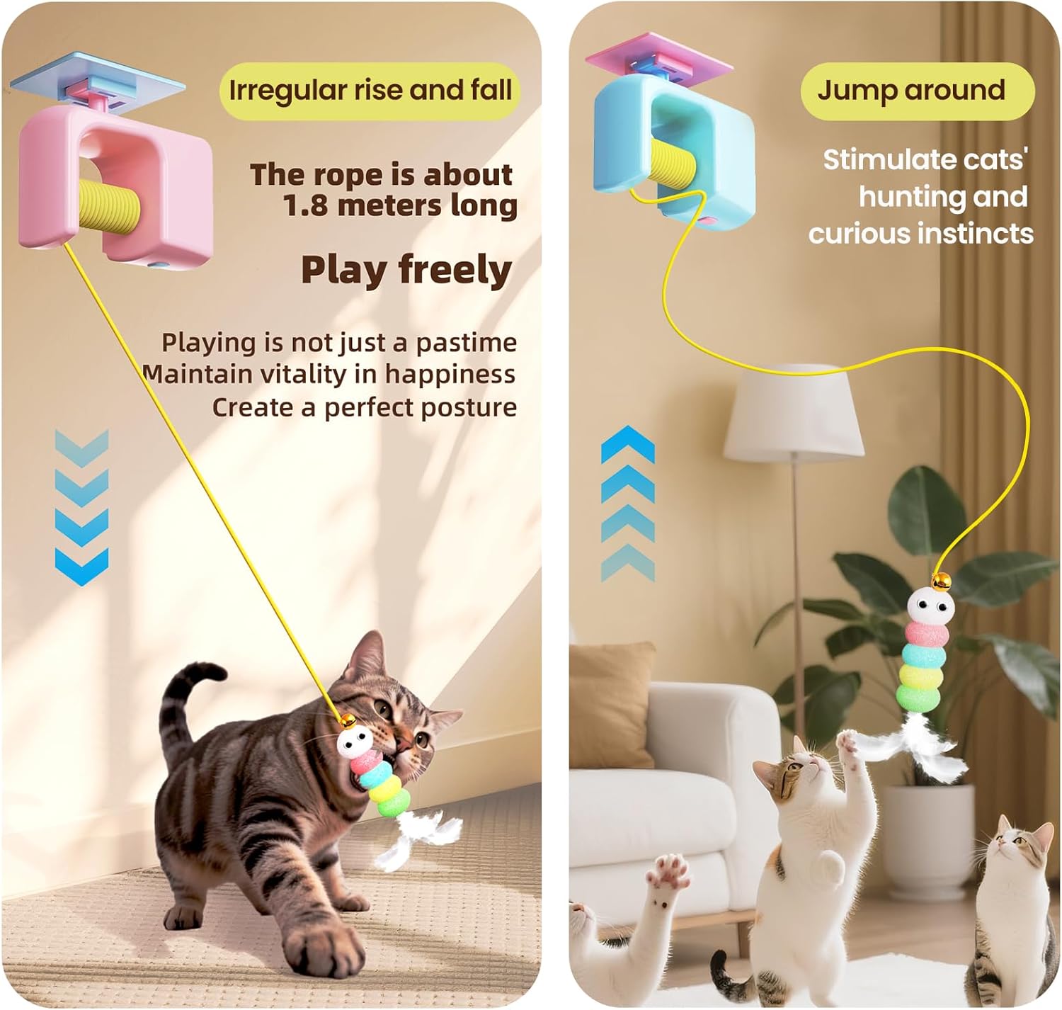 Interactive Automatic Cat Toy for Indoor Cats - Electric Door Hanging Toy with Feather Plush Caterpillar for Kittens, Fun Chase & Exercise, Cat Toys Interactive
