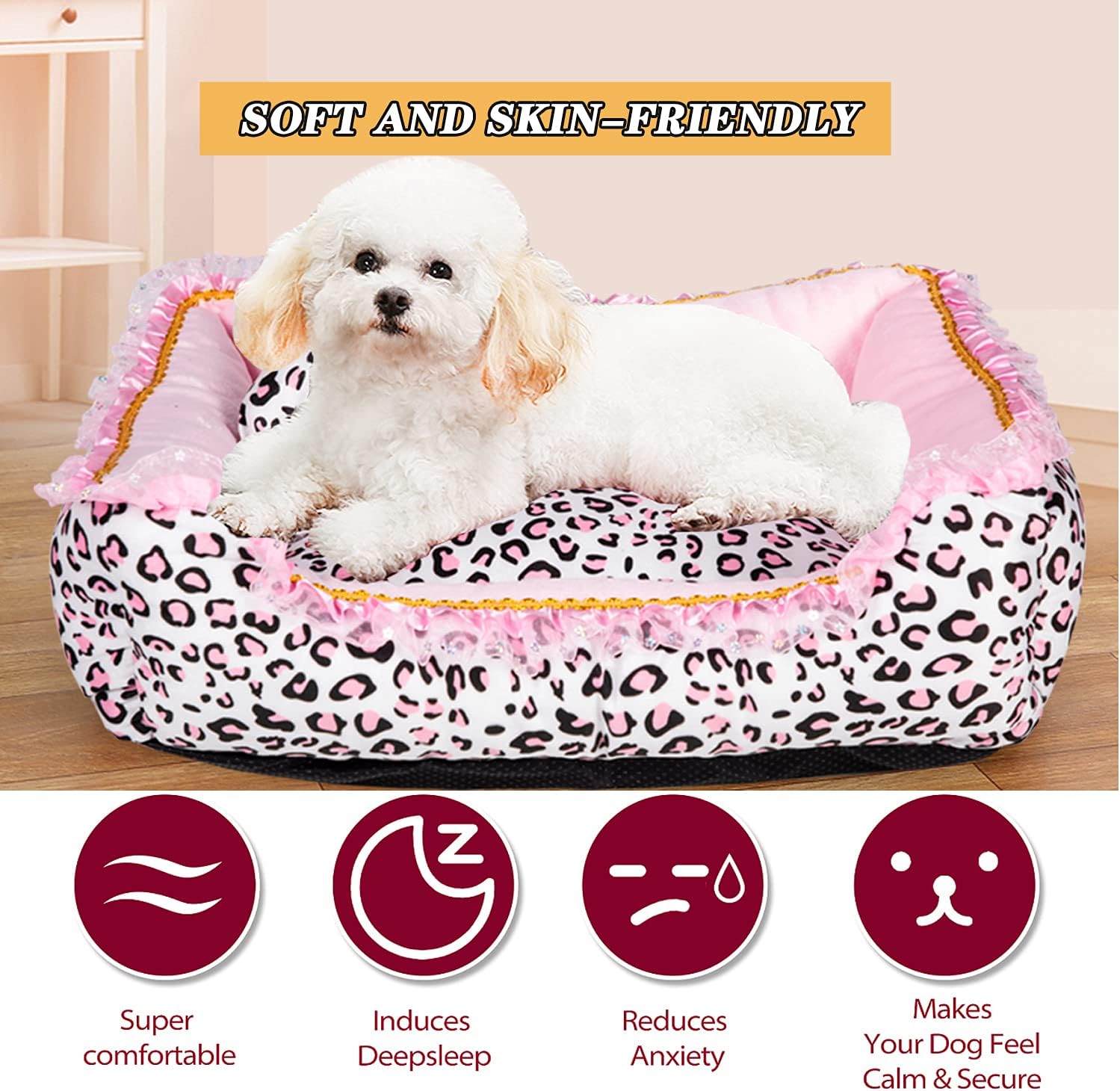 Dog Bed for Small Dogs - Cute Pink Leopard Dog Bed,Cat Beds for Indoor Cats Washable - Square Shape Cat Dog Sofa Bed Pet House Nest Cave(M, 20.8"L x 18"W x 5.5"）