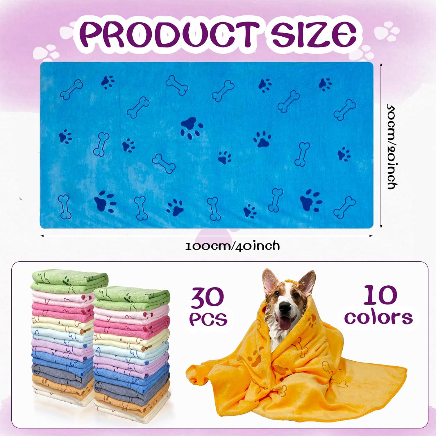 30 Pcs Dog Towels for Drying Dogs Bulk 20 x 40 Inch Quick Drying Pet Bath Towels Colorful Pet Grooming Towel Absorbent Microfiber Towel for Small Medium Large Dog Puppy Cat