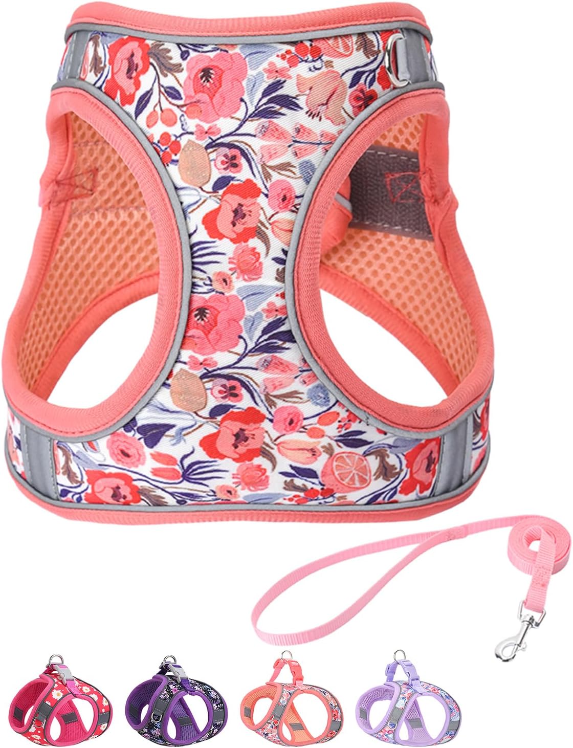 Step in Dog Harness and Leash Set, Flower Adjustable Puppy Harnesses, Soft Mesh Pet Vest Harness Small Size Dog Adjustable No Pull Dog Harness for Small Medium Dogs(Pink, M)