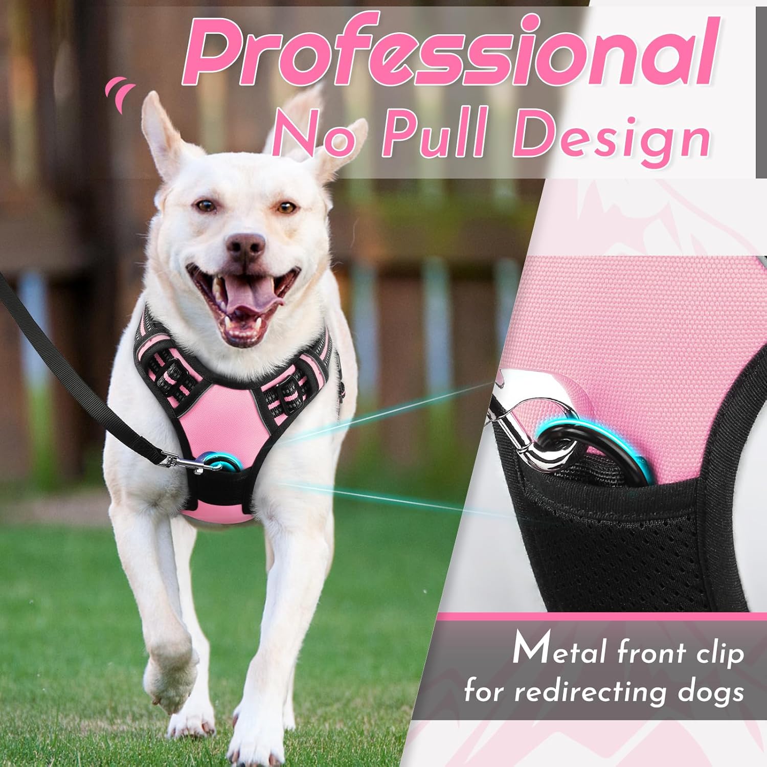 Dog Harness for Large Dogs, No Pull Service Vest with Reflective Strips and Control Handle, Adjustable and Comfortable for Walking, No Choke Pet Harness with 2 Metal Rings, Pink, L
