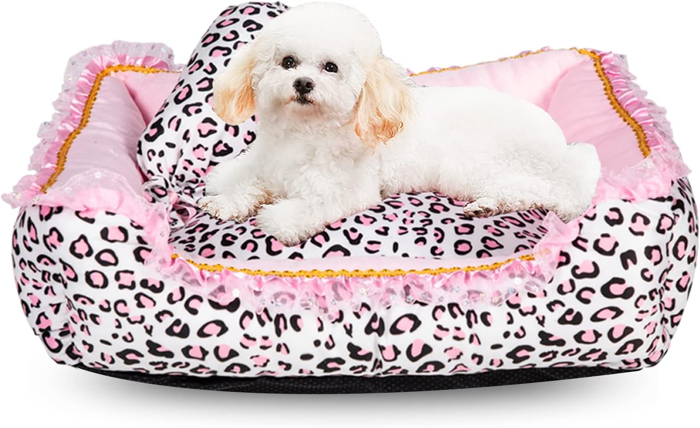 Dog Bed for Small Dogs - Cute Pink Leopard Dog Bed,Cat Beds for Indoor Cats Washable - Square Shape Cat Dog Sofa Bed Pet House Nest Cave(M, 20.8"L x 18"W x 5.5"）