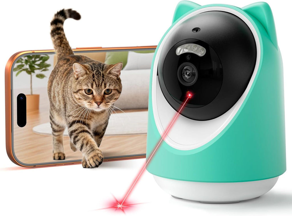 Pet Camera 2K Indoor Cat Camera Auto-Tracking for Cats, Cat Laser, Motion Detection Alerts, Night Vision, 2-Way Audio of pet Monitor, Cat Dog Home Security Camera with Phone App （Light Green）