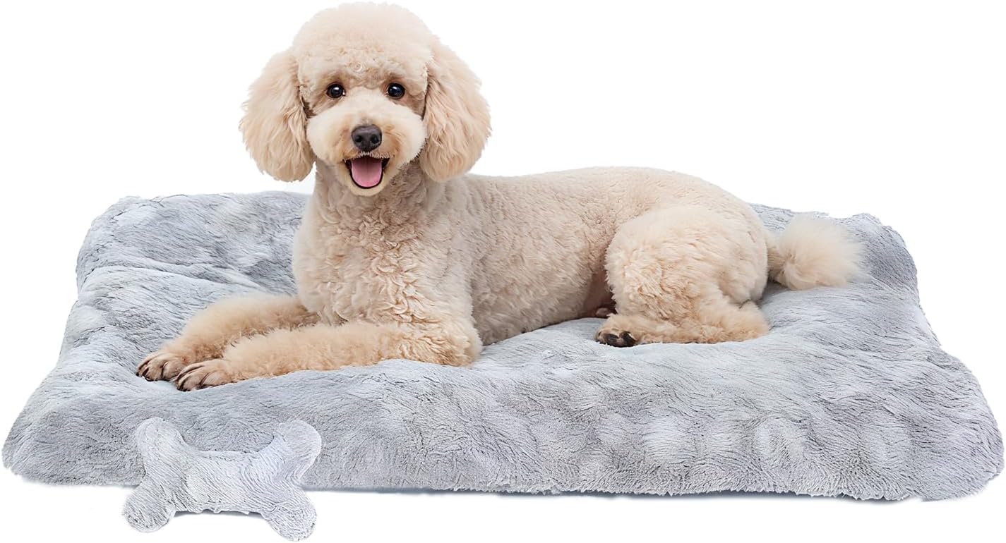 Fluffy Dog Bed for Small & Medium Dogs - Machine Washable Dog Crate Bed, Ultra-Soft Plush Pet Kennel Pad with Non-Slip Bottom, Includes Chew Bone Toy, 30x20inch, 30"x20" Gray