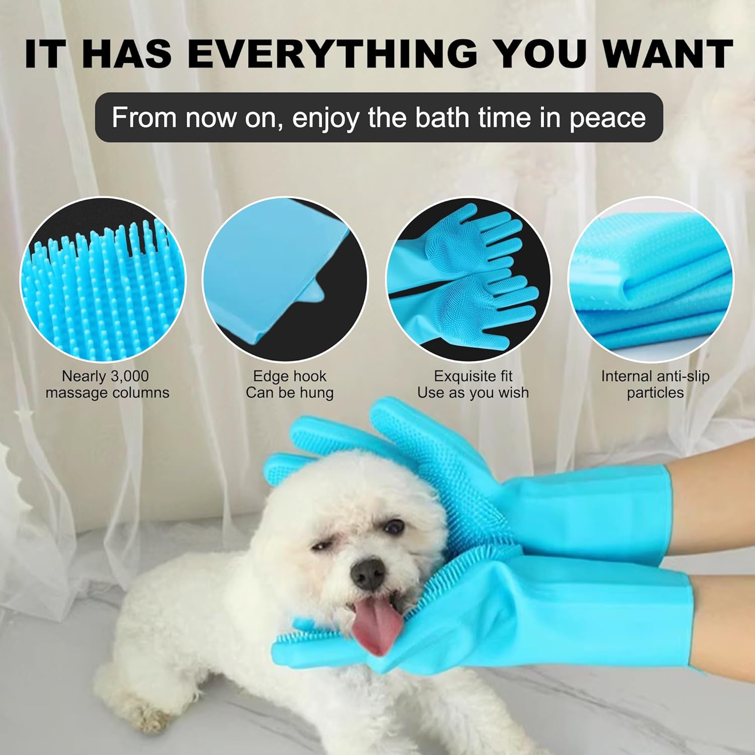 Pet Grooming Gloves, Heat Resistant Silicone Gloves，Silicone Hair Removal Mitt for Dogs and Cats,Cat Bathing Gloves ，Cat and Dog Massage Products， Blue。