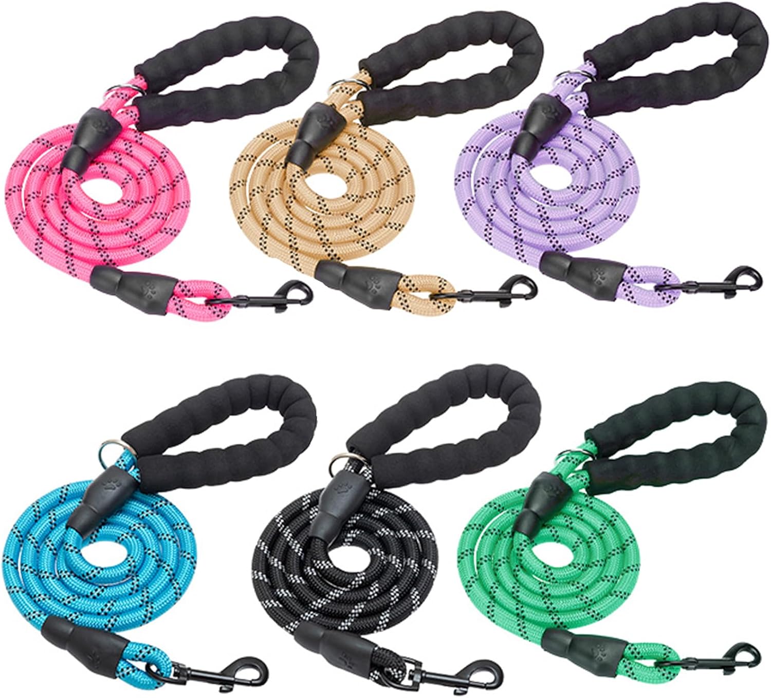 Heavy Duty Rope Dog Leash 6 Pack, 6FT Nylon Pet Leash with Reflective Thread, Soft Padded Handle Thick Lead Leash for Large Medium Dogs Small Puppy,3/8inch X 5 FT (18~120 lbs)