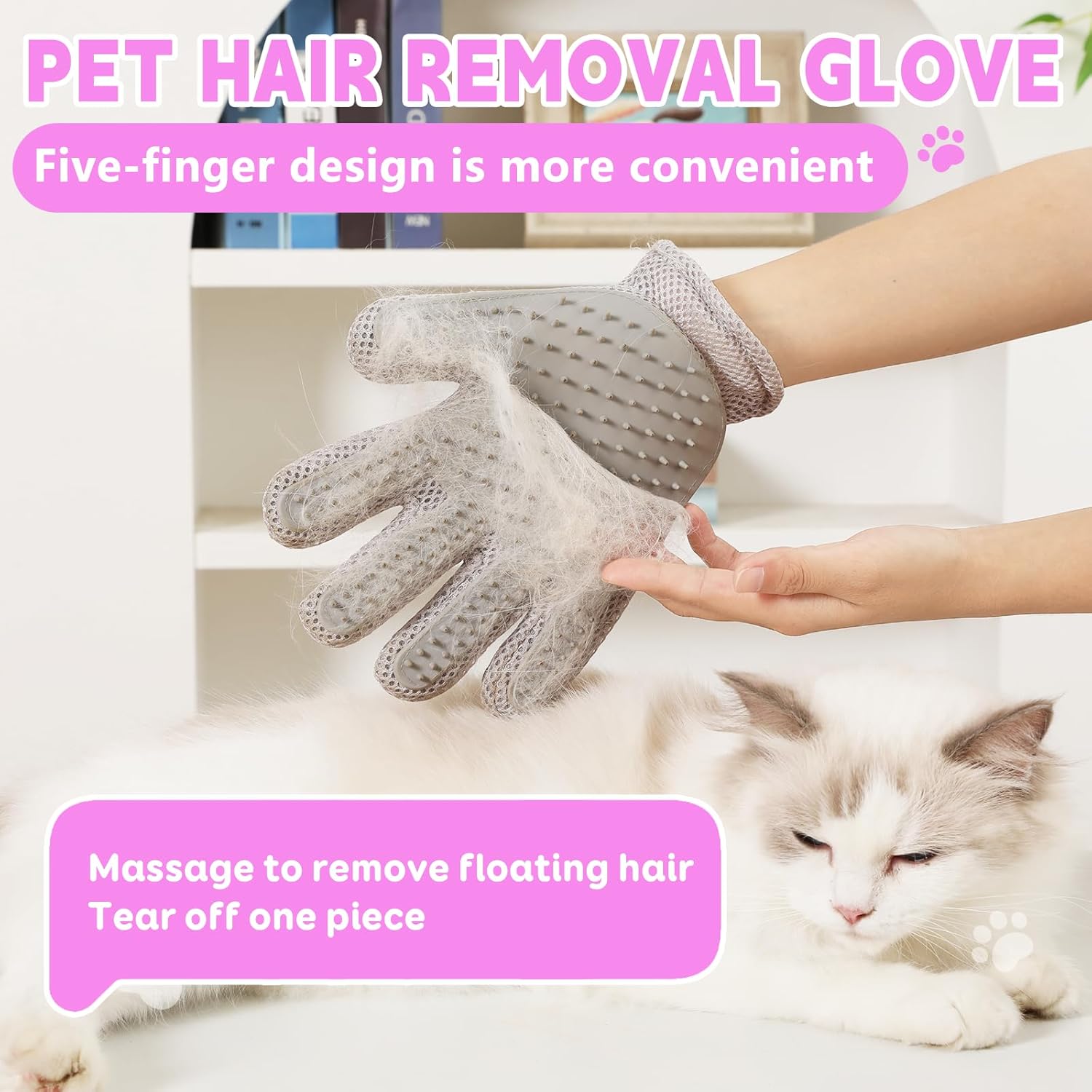 Pet Grooming Gloves Suitable for Long- and Short-Haired Dogs and Cats. Double-Sided, Two-in-One, Pet Hair Removal Gloves for Depilating and Massaging Cats and Dogs. Upgraded Five-Finger Design.