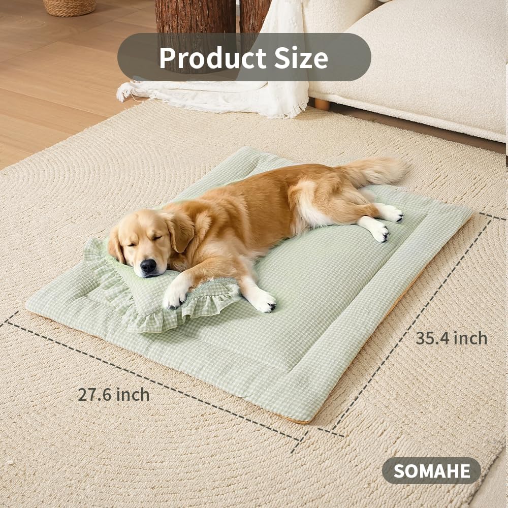 Washable Dog Bed Mat Cute Dog Crate Pad Soft Fluffy Pet Kennel Beds Dog Sleeping Mattress for Medium Small Dogs 27.5×35.4×1inch Green
