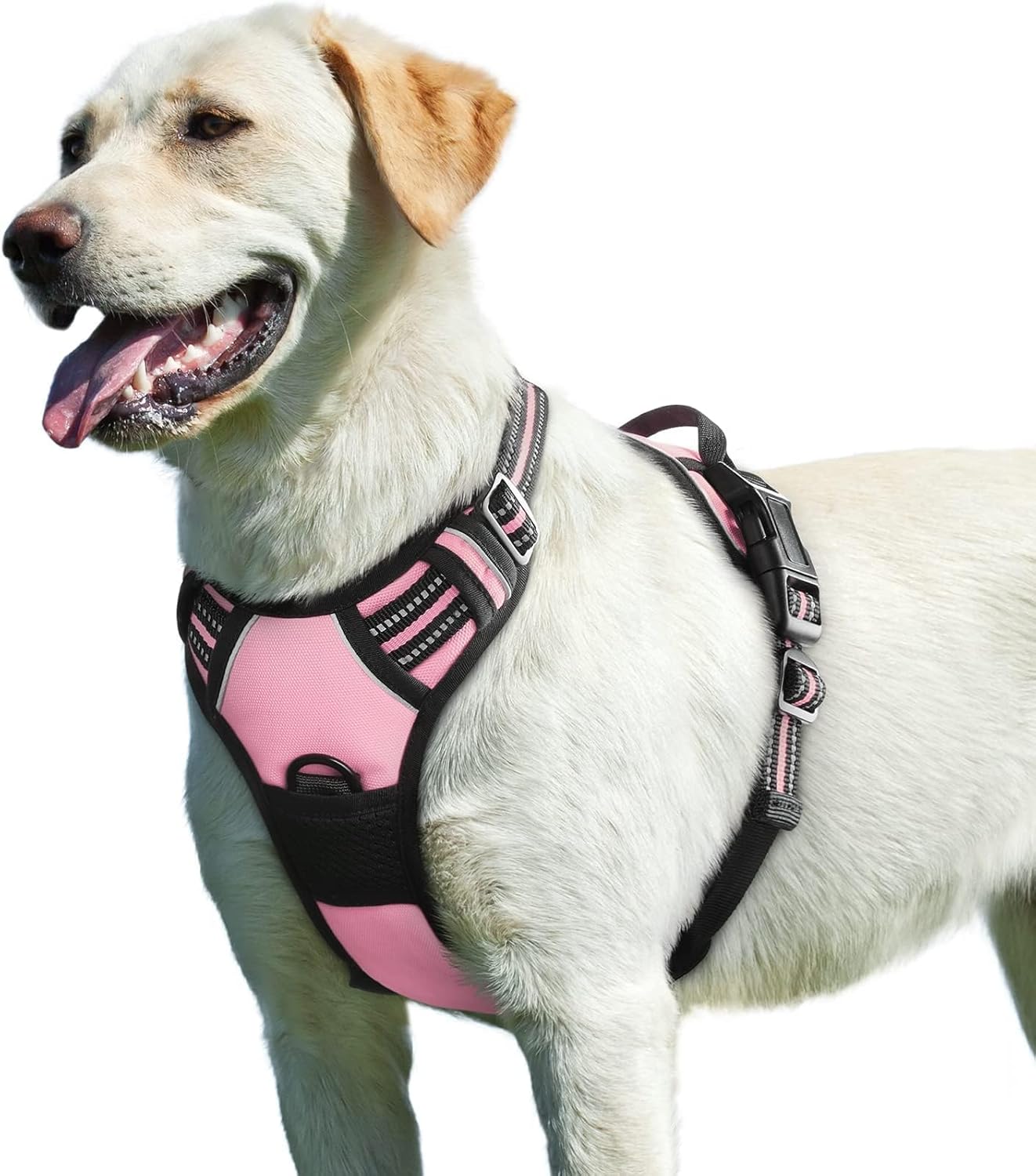Dog Harness for Large Dogs, No Pull Service Vest with Reflective Strips and Control Handle, Adjustable and Comfortable for Walking, No Choke Pet Harness with 2 Metal Rings, Pink, L
