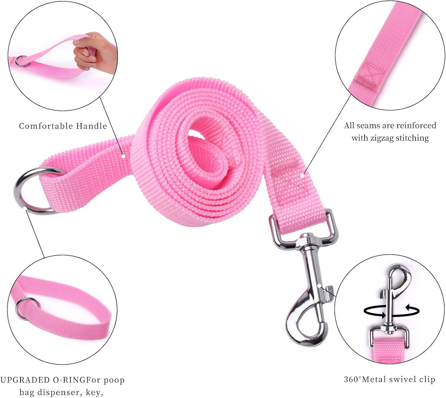 Nylon Dog Leash for Medium & Large Dogs, 4FT/6FT/10FT Long, 1 Inch Wide, for Walking, Exploring, Outdoor Adventures (Pink, 10ft)