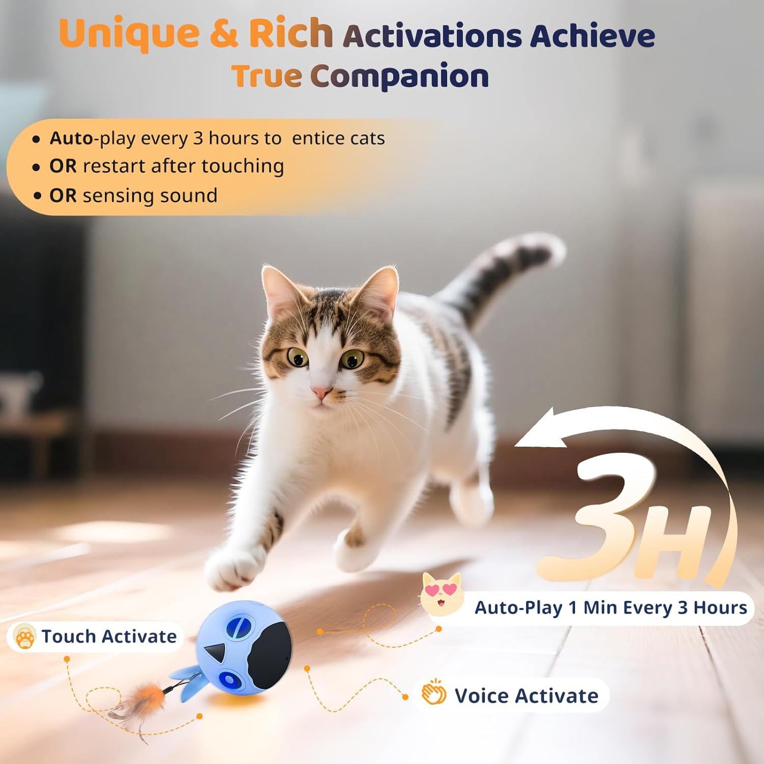 Cat Toys, Interactive Cat Toy for Indoor Cats, Automatic Moving Ball Bird for Indoor Adult Cats Kitten Toys All Breeds, Fast Rolling Motion Activated Chirping Stimulating Light, 2 Feather Refill