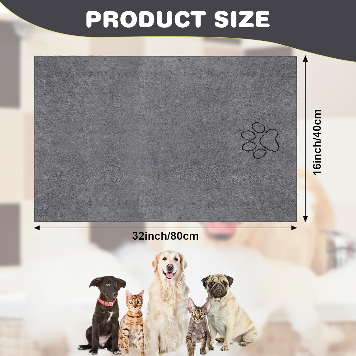 4 Pack Dog Towels for Drying Large Microfiber Grooming Tools Absorbent Soft Bath Supplies with Embroidered Paw for Small Medium Pet Products(16 x 32 Inch,Gray)
