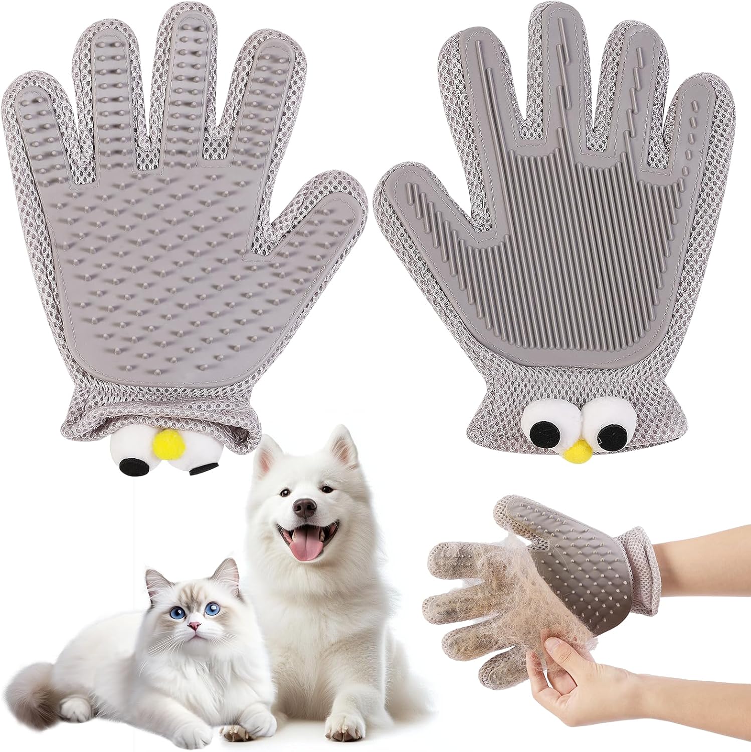 Pet Grooming Gloves Suitable for Long- and Short-Haired Dogs and Cats. Double-Sided, Two-in-One, Pet Hair Removal Gloves for Depilating and Massaging Cats and Dogs. Upgraded Five-Finger Design.