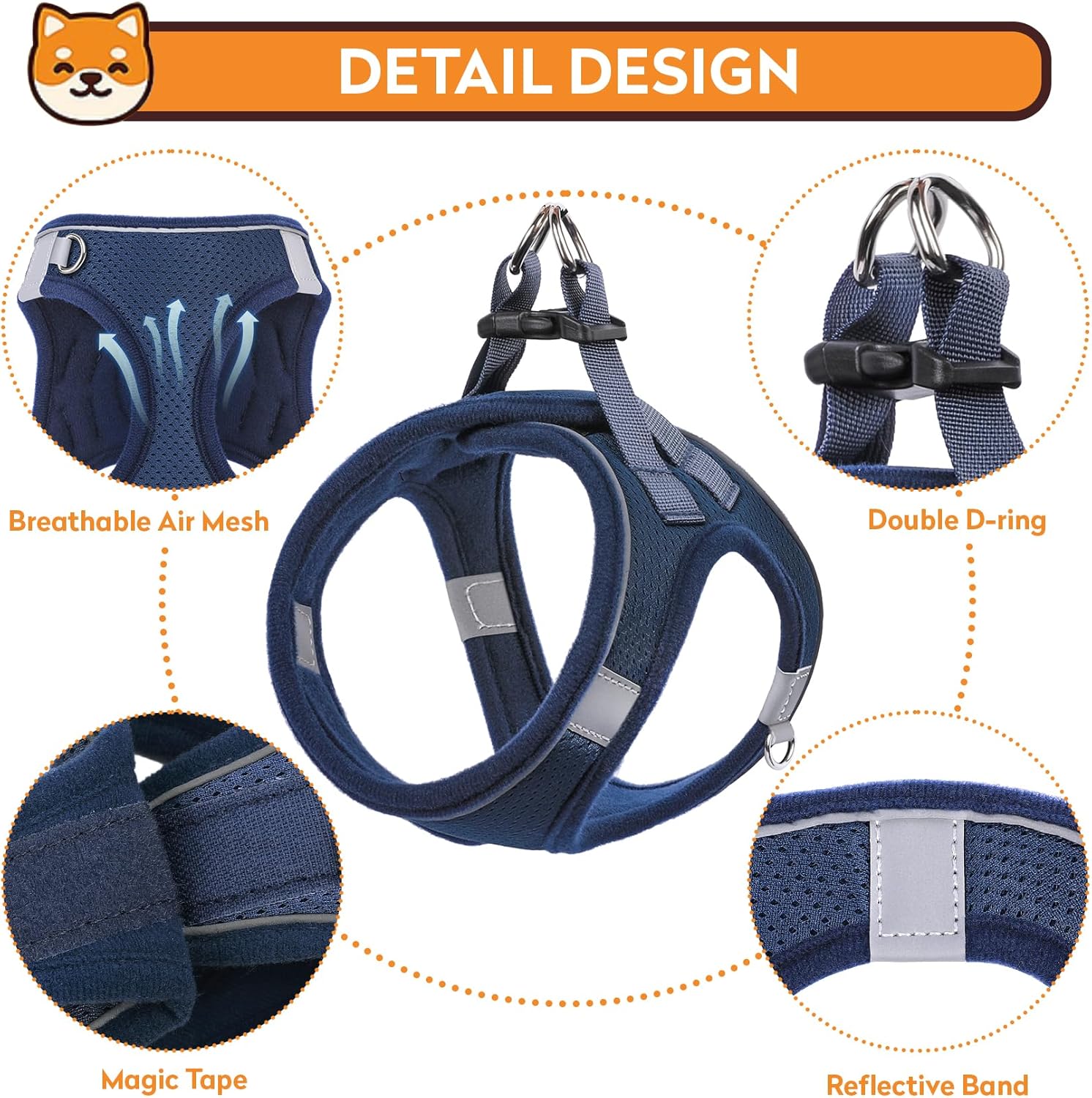 Dog Harness with Leash Set, No-Pull Step-in Reflective Pet Harness with 1 Leash Clips, Adjustable Soft Padded Dog Vest for Small Medium Large Dogs, Cats(Dark Blue,Medium)