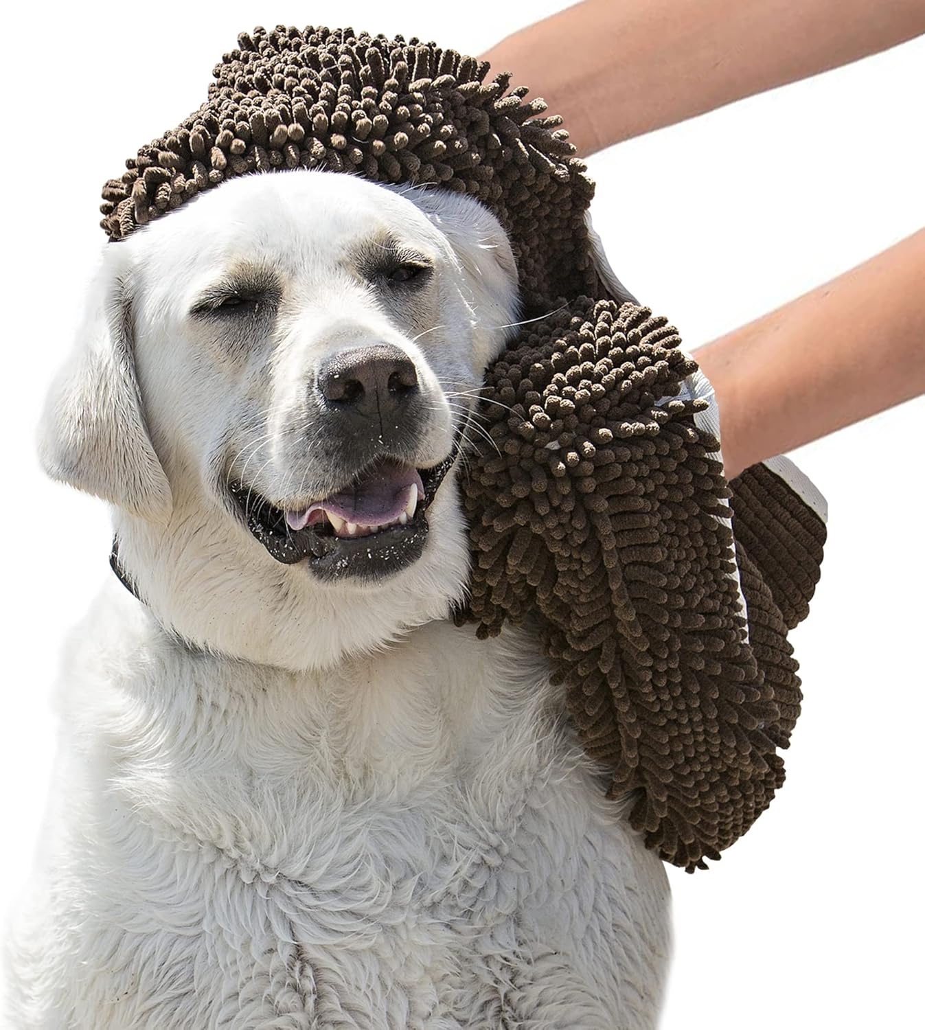 Super Shammy Dog Towel - Microfiber Chenille Towel for Drying Dogs and Cleaning Paws - Fast Drying with Hand Pockets for Ease (Dark Chocolate/Oatmeal Trim, 31” x 14”)