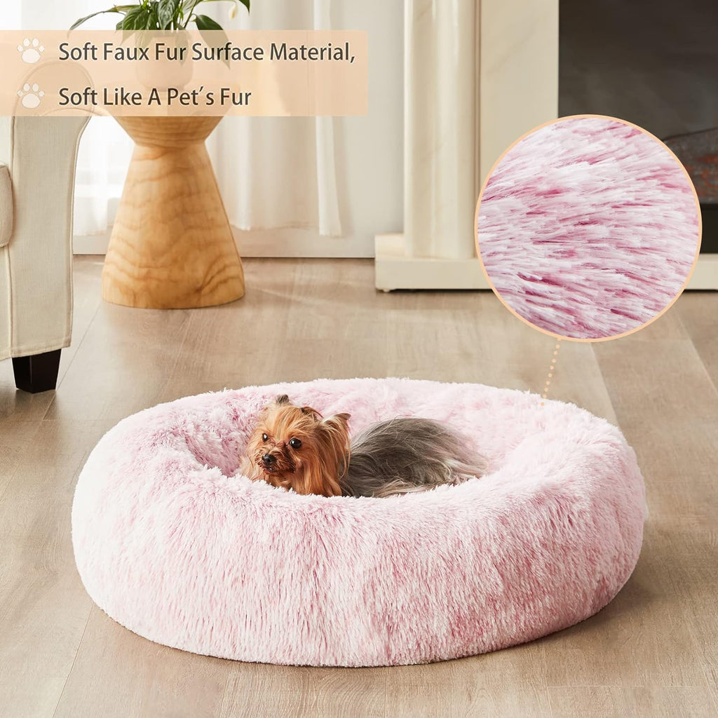 Calming Dog Bed Cat Bed Donut, Faux Fur Pet Bed Self-Warming Donut Cuddler, Comfortable Round Plush Dog Beds (30 x 30 x 10 Inch, Light Pink)