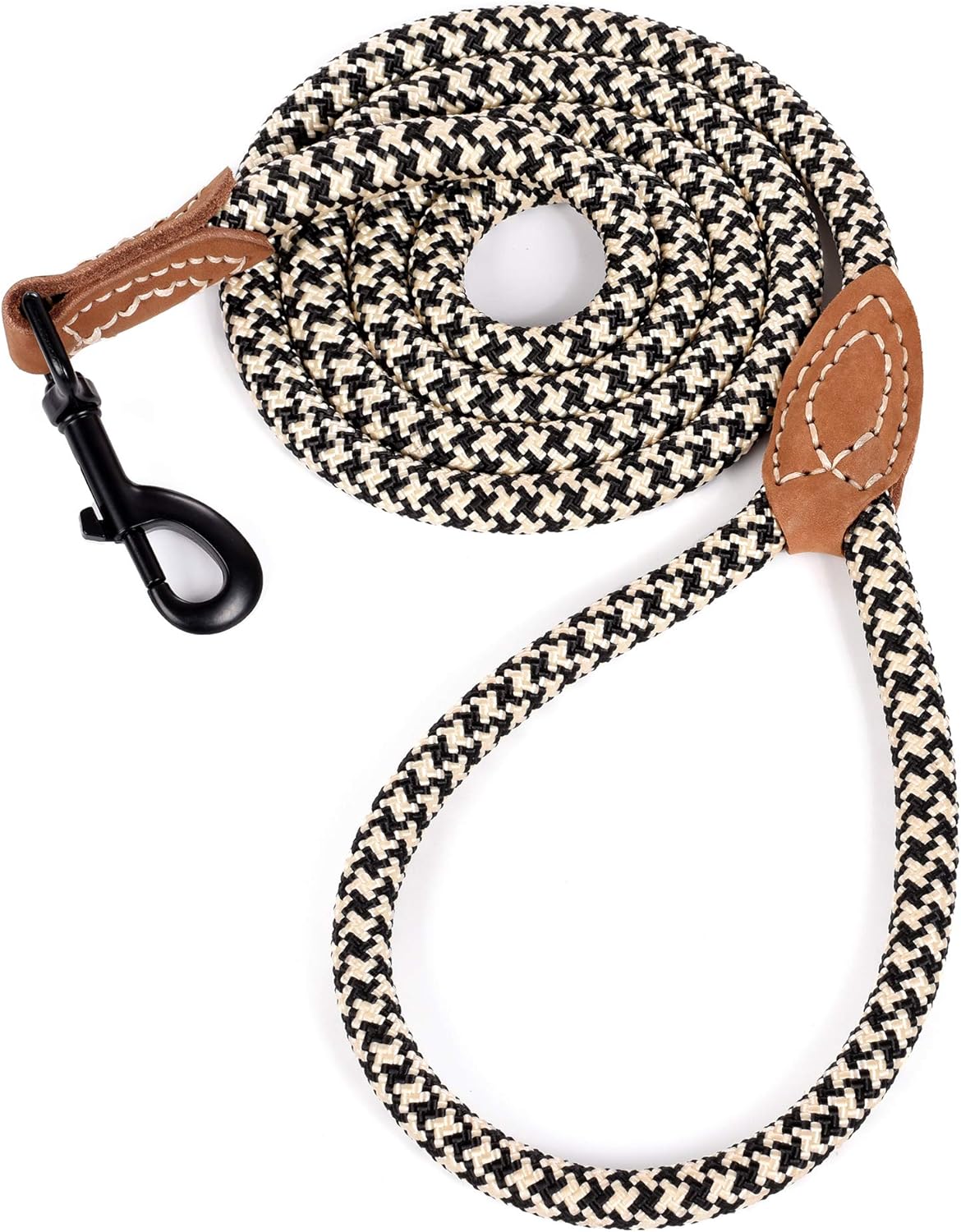 Rope Leash with Genuine Leather Connection, 6 FT/5 FT/4 FT, Heavy Duty Leash for Medium & Large Dogs (Black Khaki, 48 Inch)