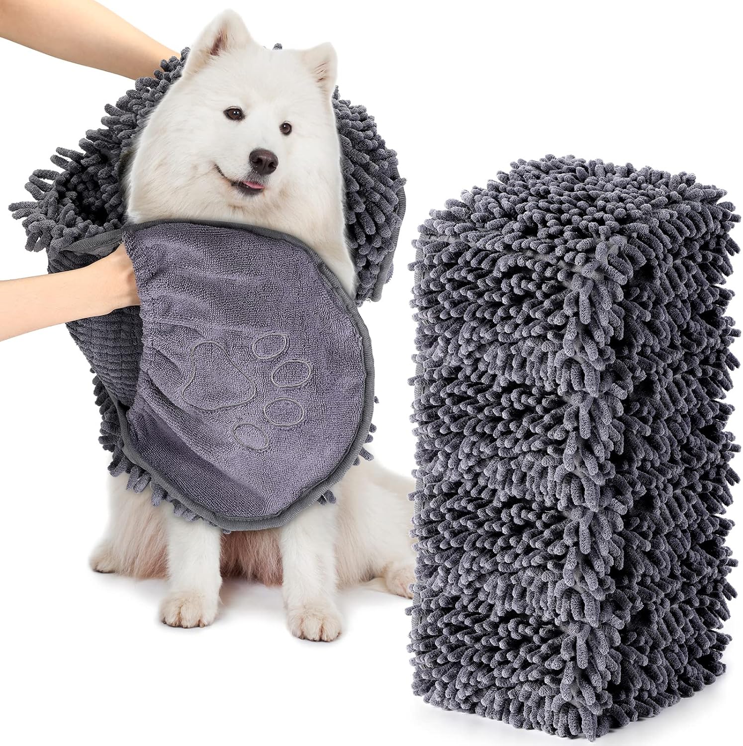 4 Pcs Large Dog Shammy Towel for Drying 32 x 14 in Microfiber Absorbent, Quick Drying Dog Bath Towel with Hand Pocket, Machine Washable for Pet Puppy Cleaning Shower Supplies(Grey)